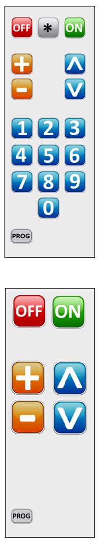 Two mock-up remotes: one with OFF, ON, volume, channel and number keys; one with only OFF, ON, volume and channel